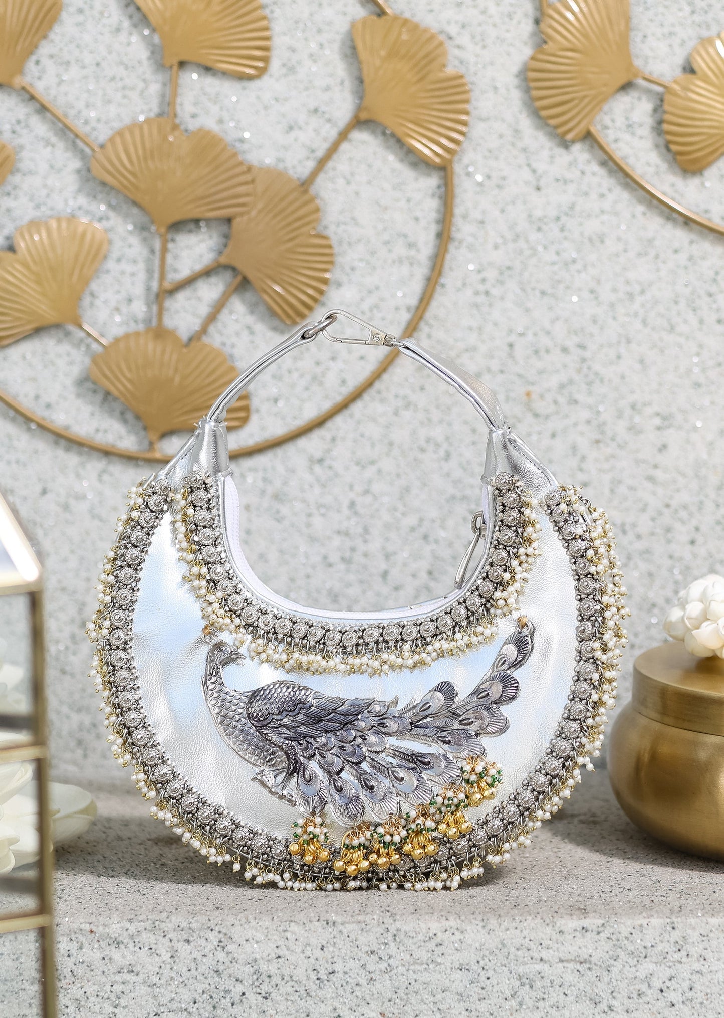 Silver Brocade Handbag With Embroidered Peacock Embellishments