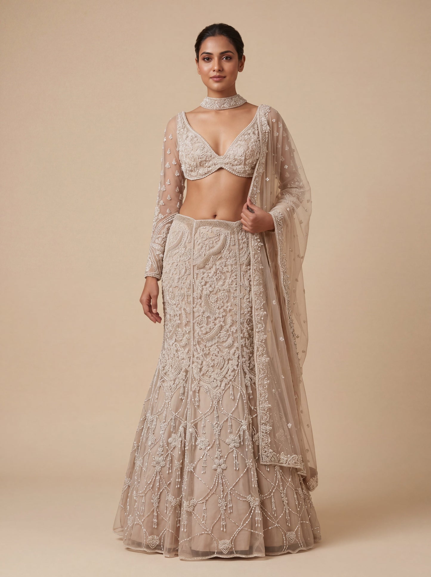Silver Contemporary Bridal Lehenga With AllOver Embellishment Volume