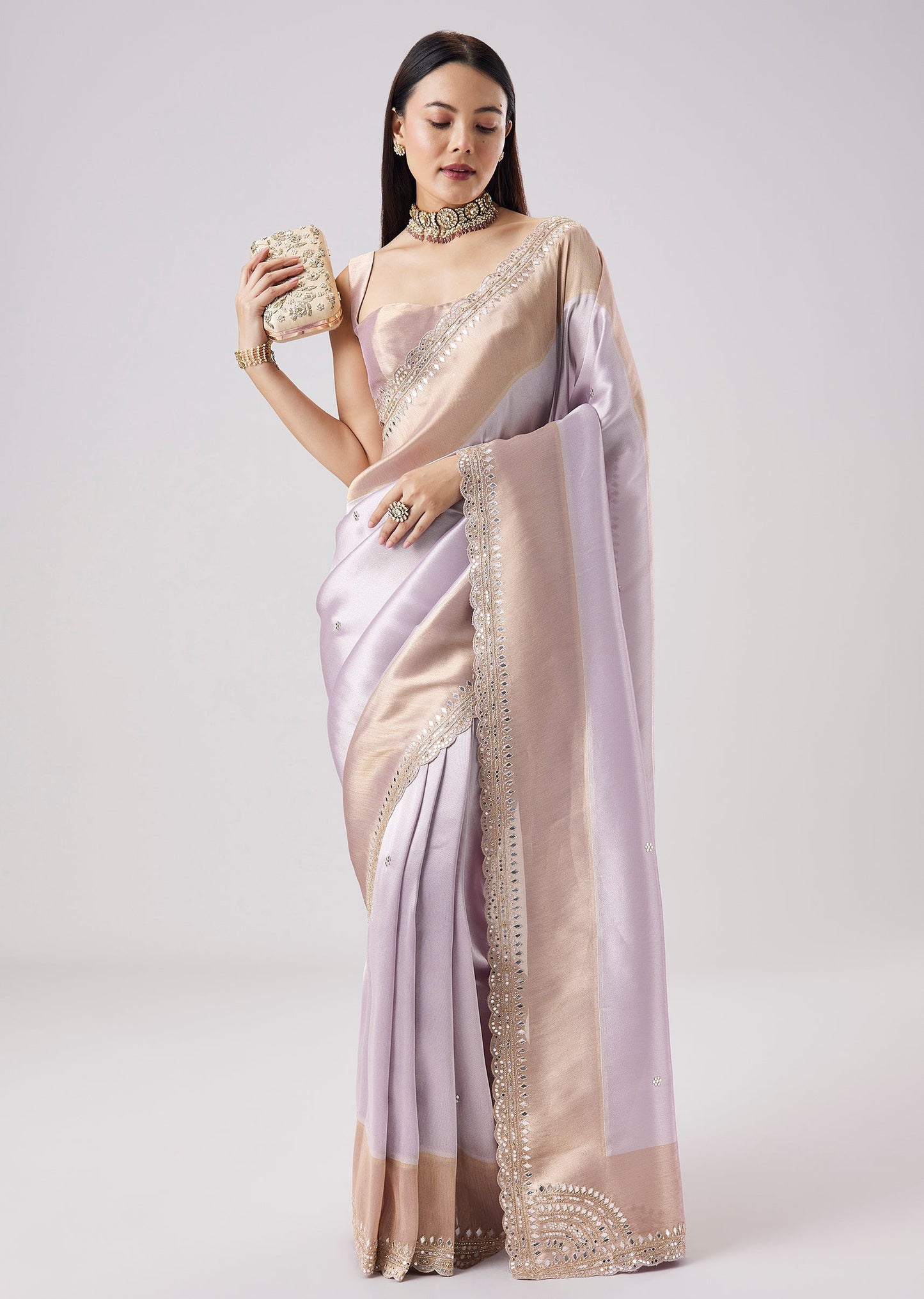 Silver Contrast Border Embroidered Saree With Unstitched Blouse
