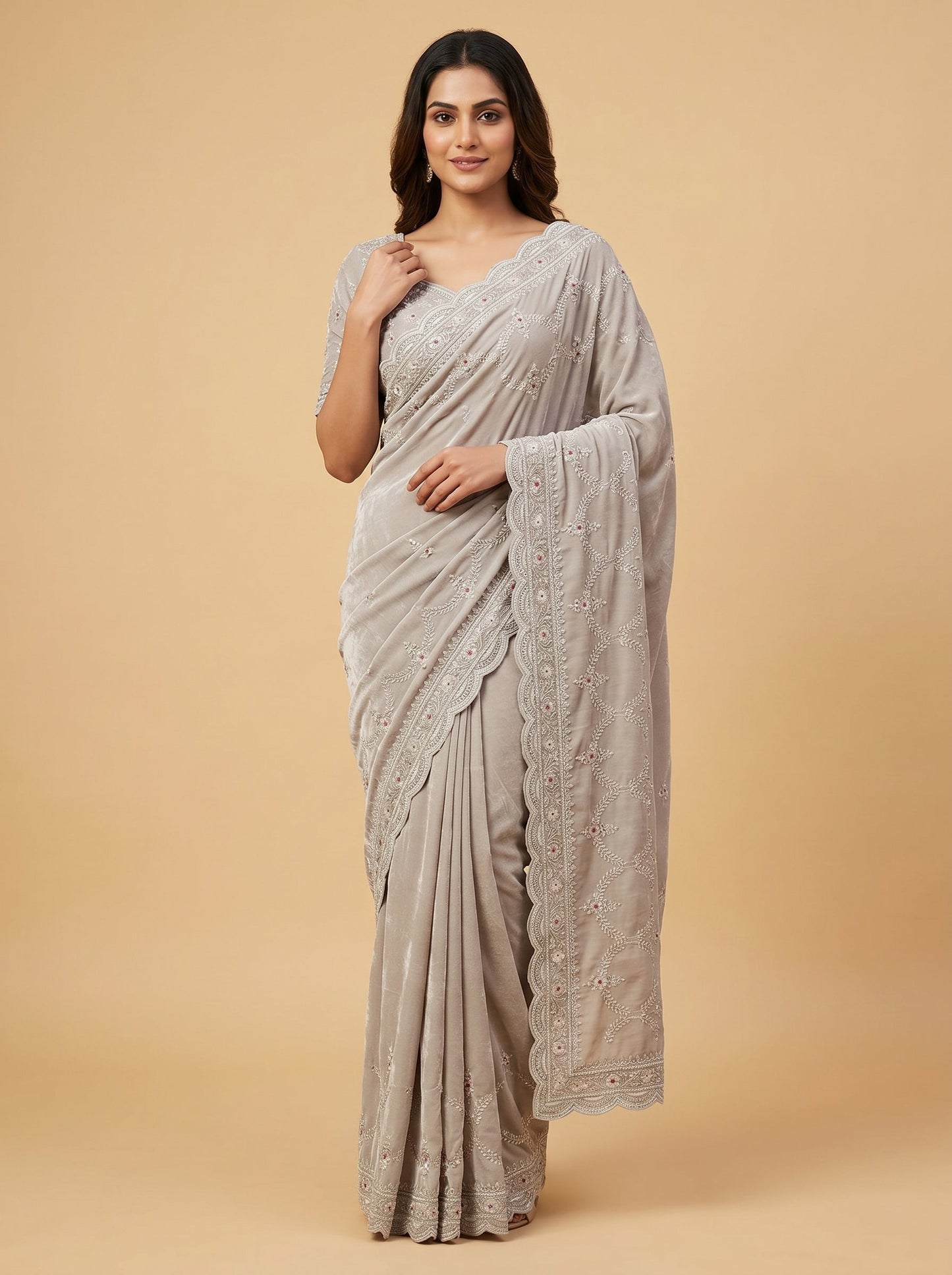 Silver embroidered saree with elegant finish