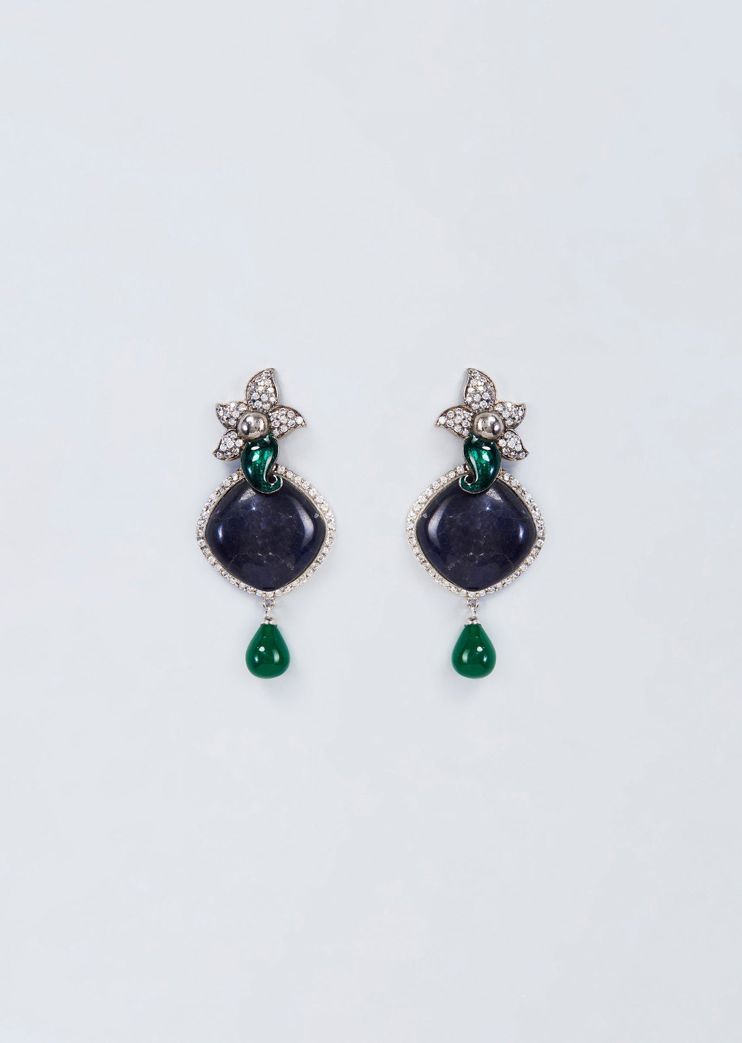 Silver Finish Kundan Polki And Green Stone Dangler Earrings