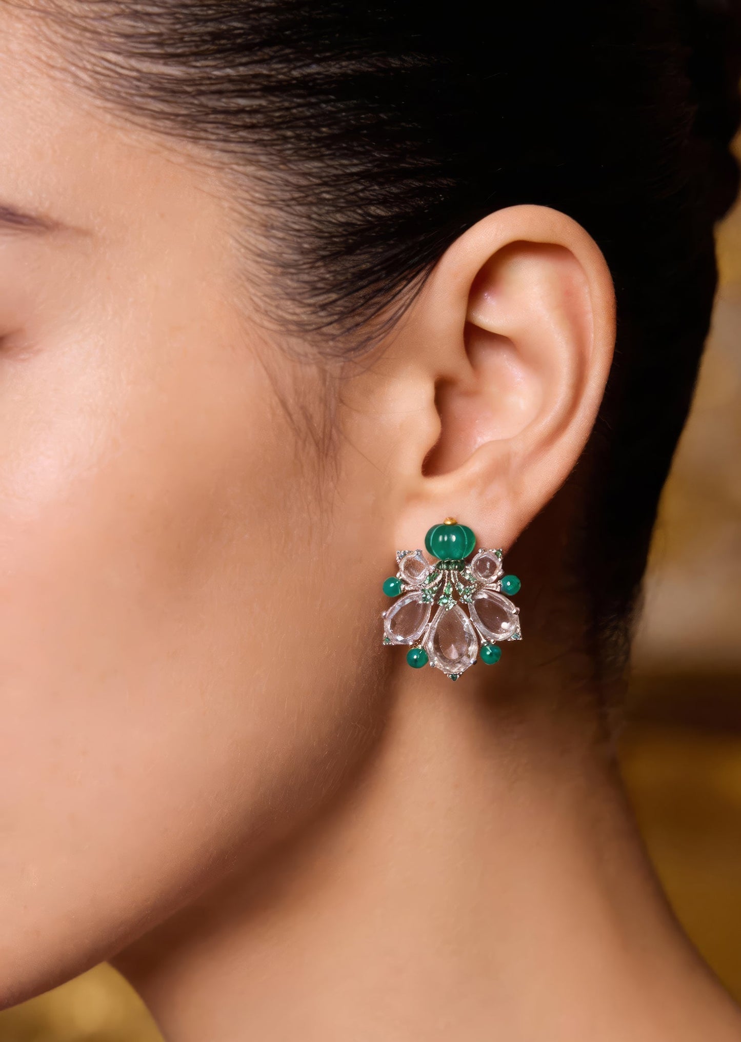 Silver Finish Whimsical Floral Stud Earrings With Green Carved Stone and Clear Pear Cut Simulated Stones