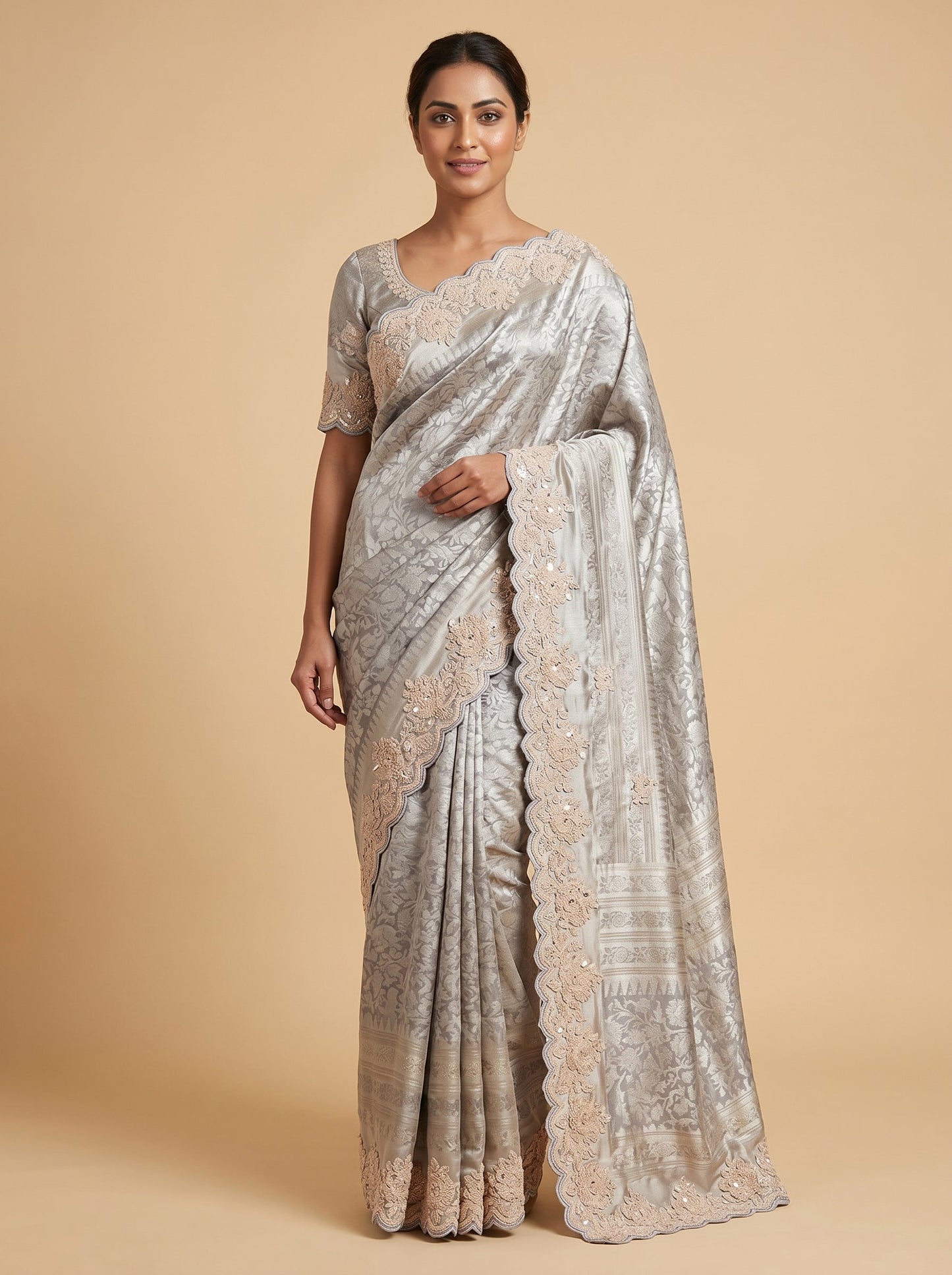Silver Grey Subtle Embroidered Saree