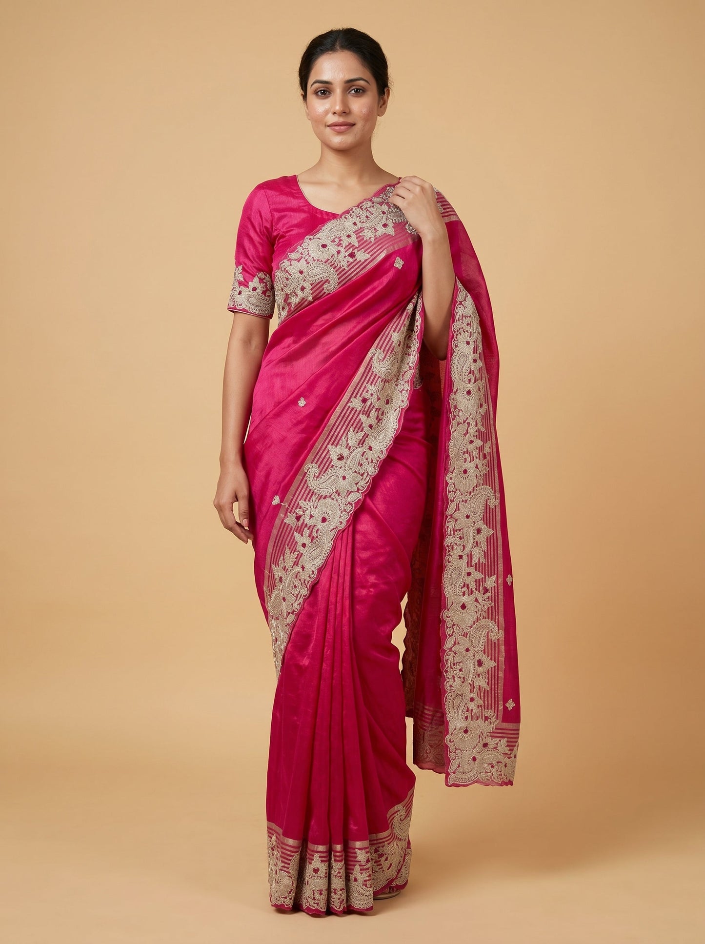 Silver Pink Blend Embroidered Saree