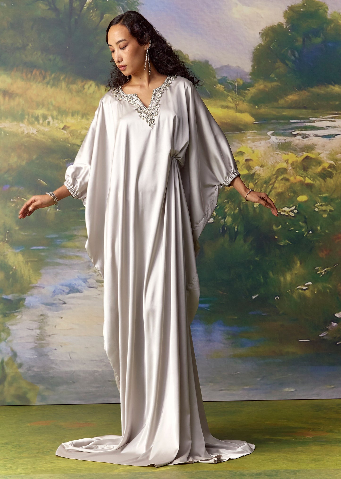 Silver Satin Metal Embellished Kaftan Set