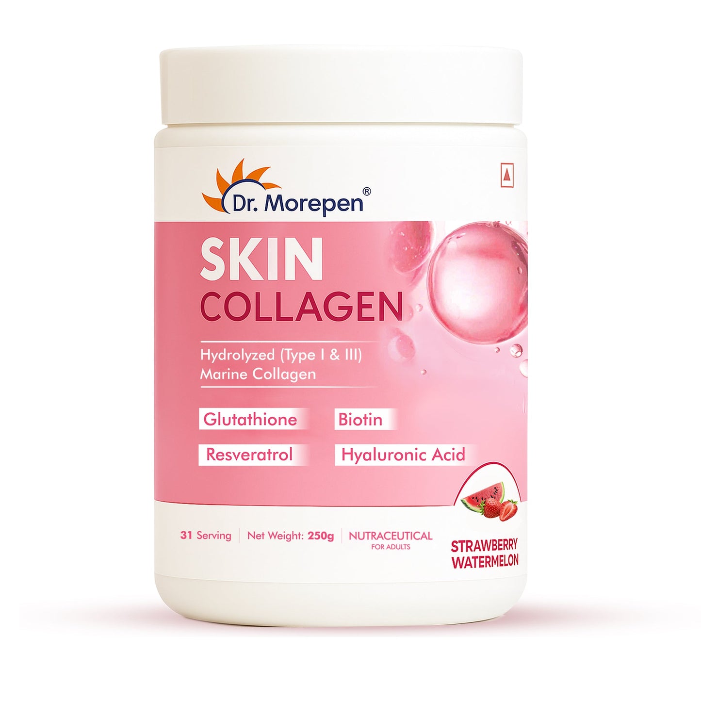 DR. Morepen Skin Collagen Powder with Glutathione, Hyaluronic Acid, Resveratrol & Biotin Strawberry Watermelon Flavour