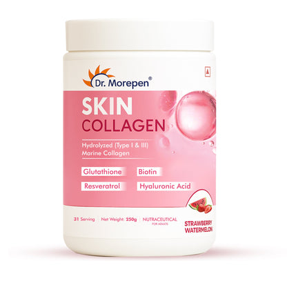 DR. Morepen Skin Collagen Powder with Glutathione, Hyaluronic Acid, Resveratrol & Biotin Strawberry Watermelon Flavour