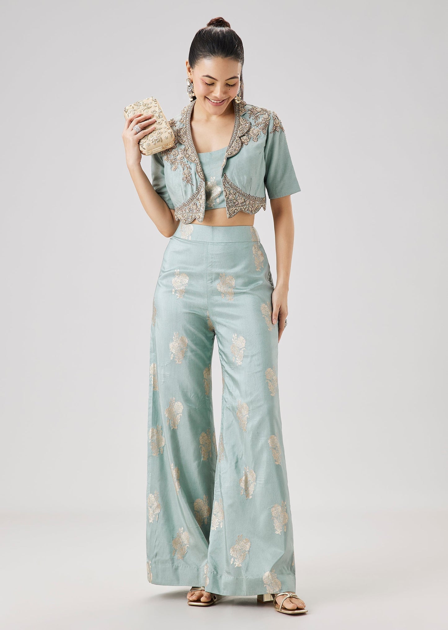 Sky Blue Embroidered Jacket And Palazzo Set