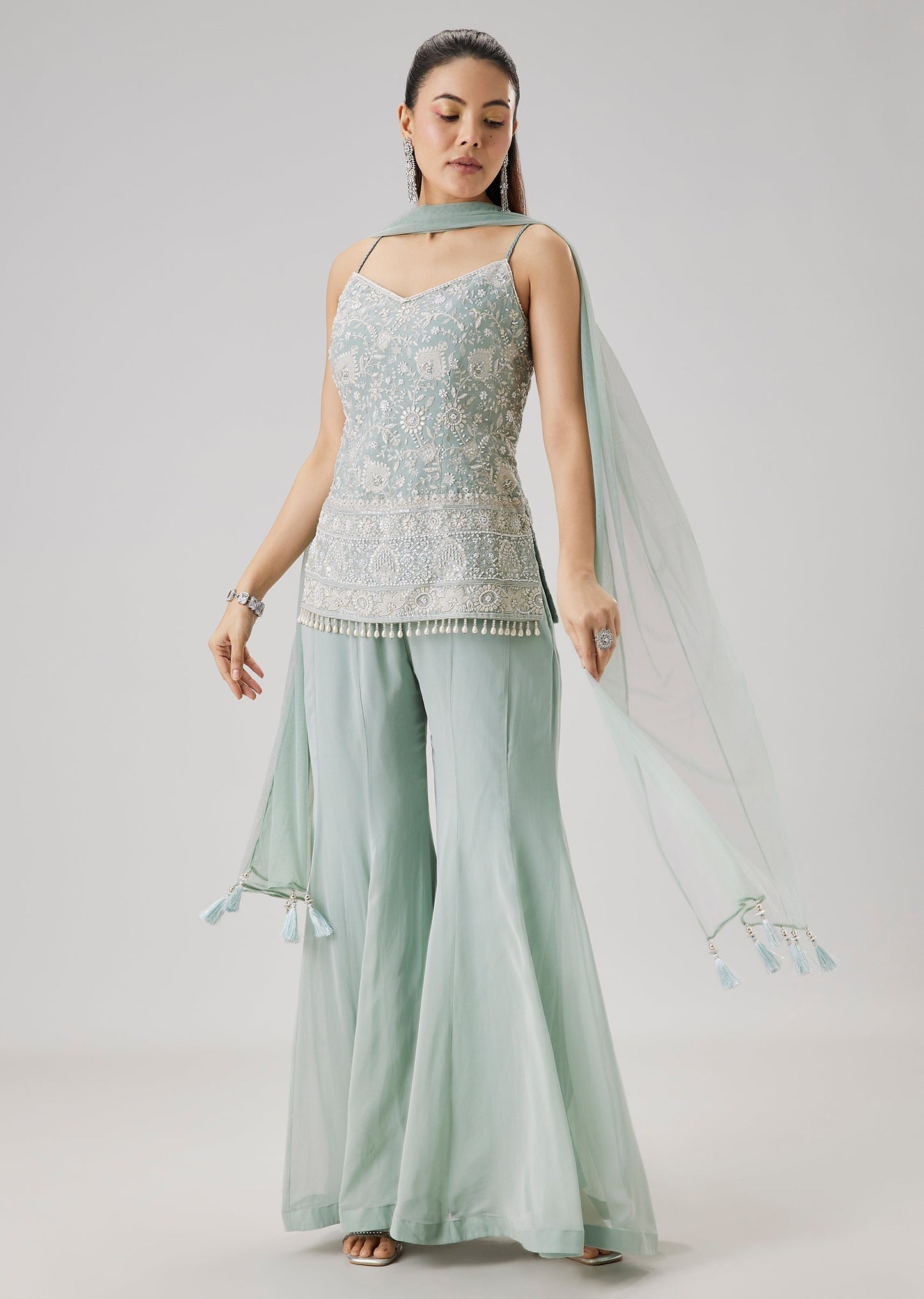 Sky Blue Embroidered Palazzo Set With Dupatta