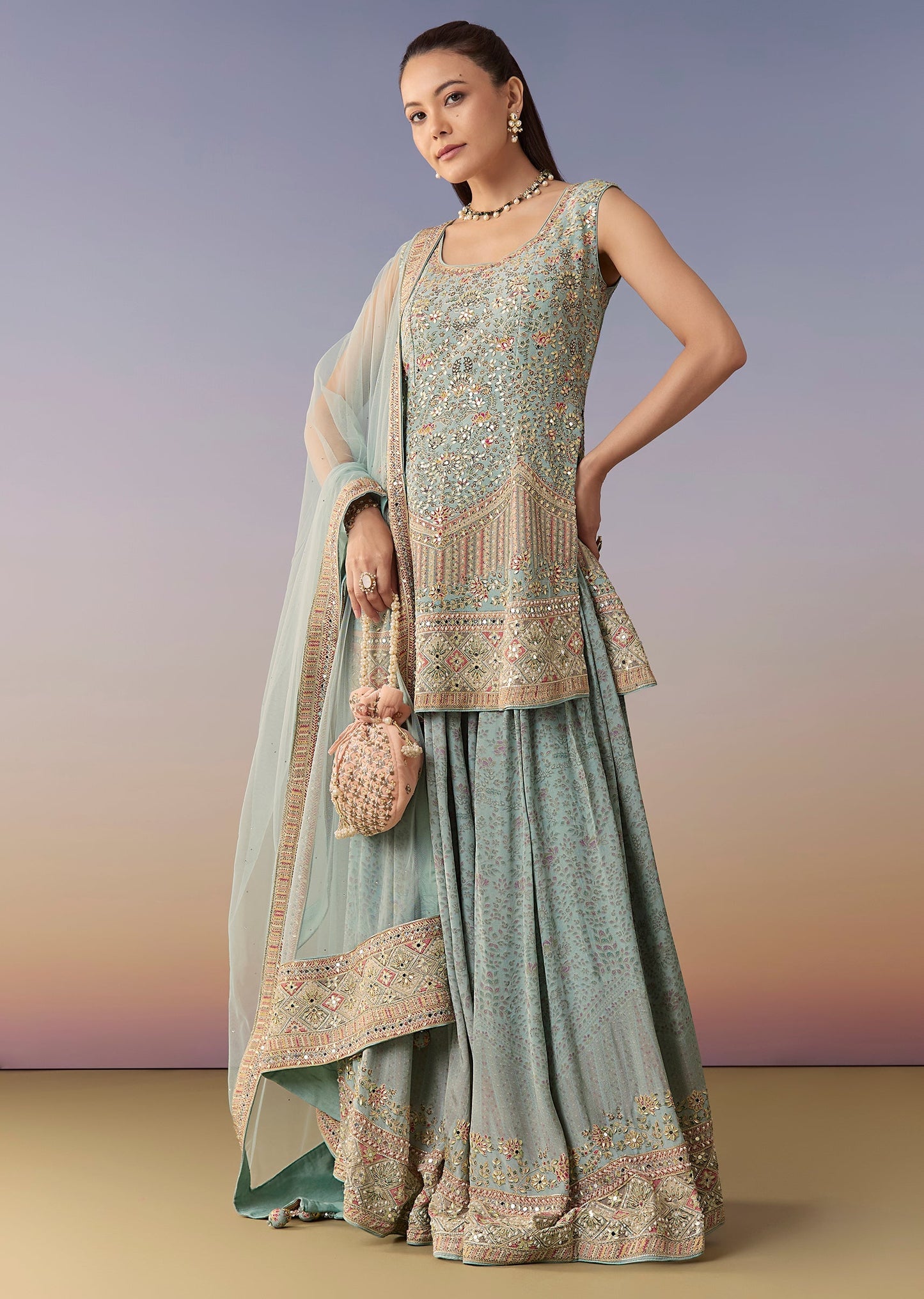 Sky Blue Floral Embellished Palazzo Set With Dupatta