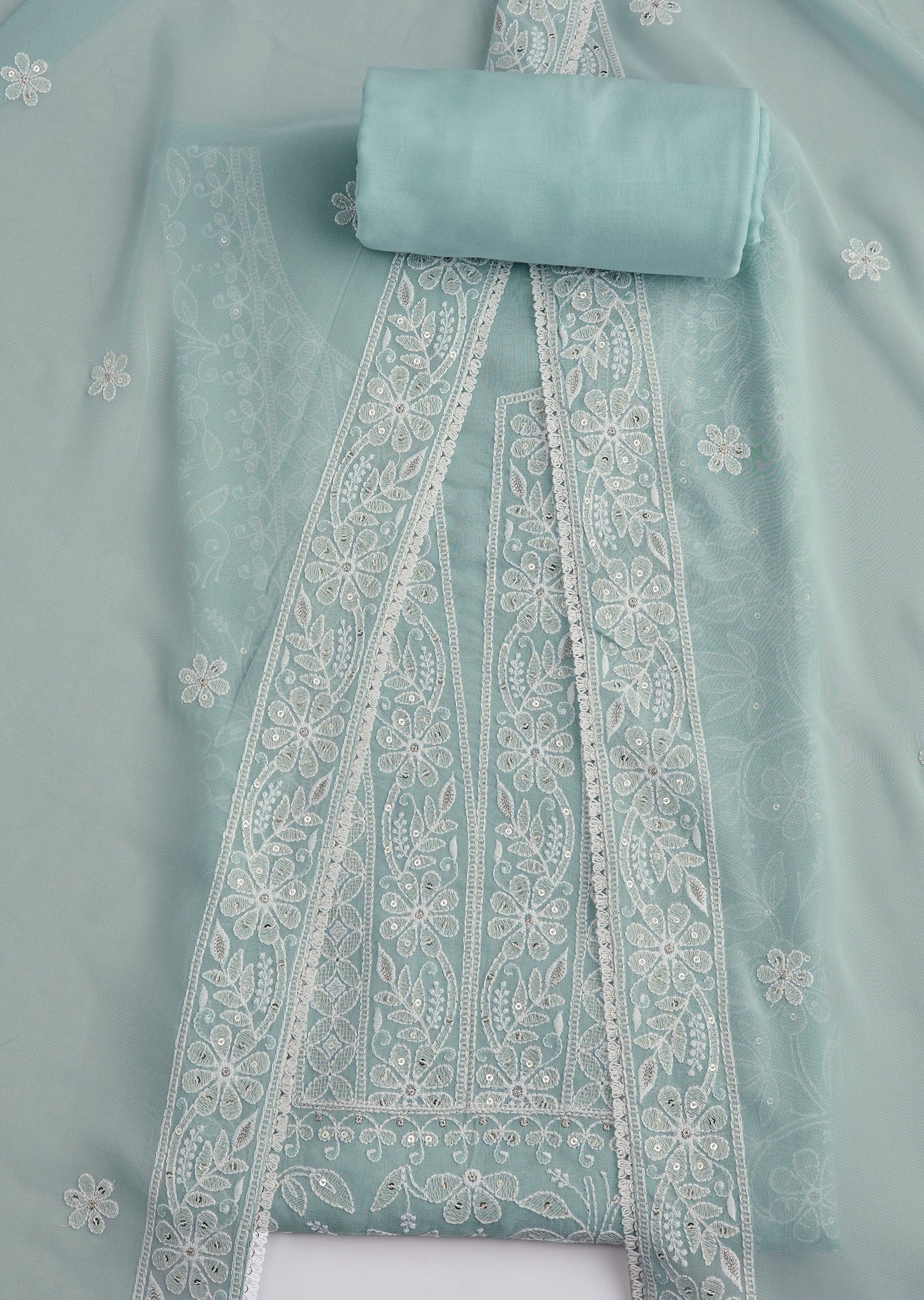 Sky Blue Georgette Thread Work Unstitched Suit Set With Dupatta