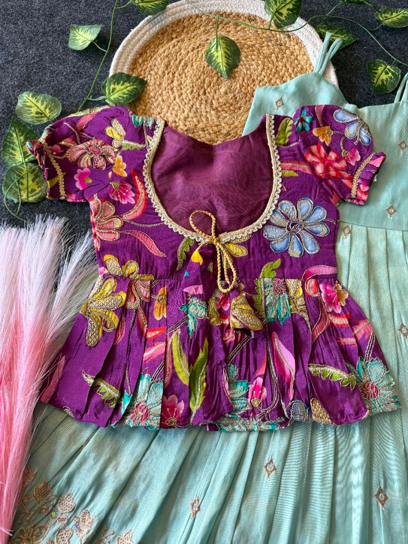 Evanik Designer Blue Tissue Silk Embroidered Work Gown With koti for Kids