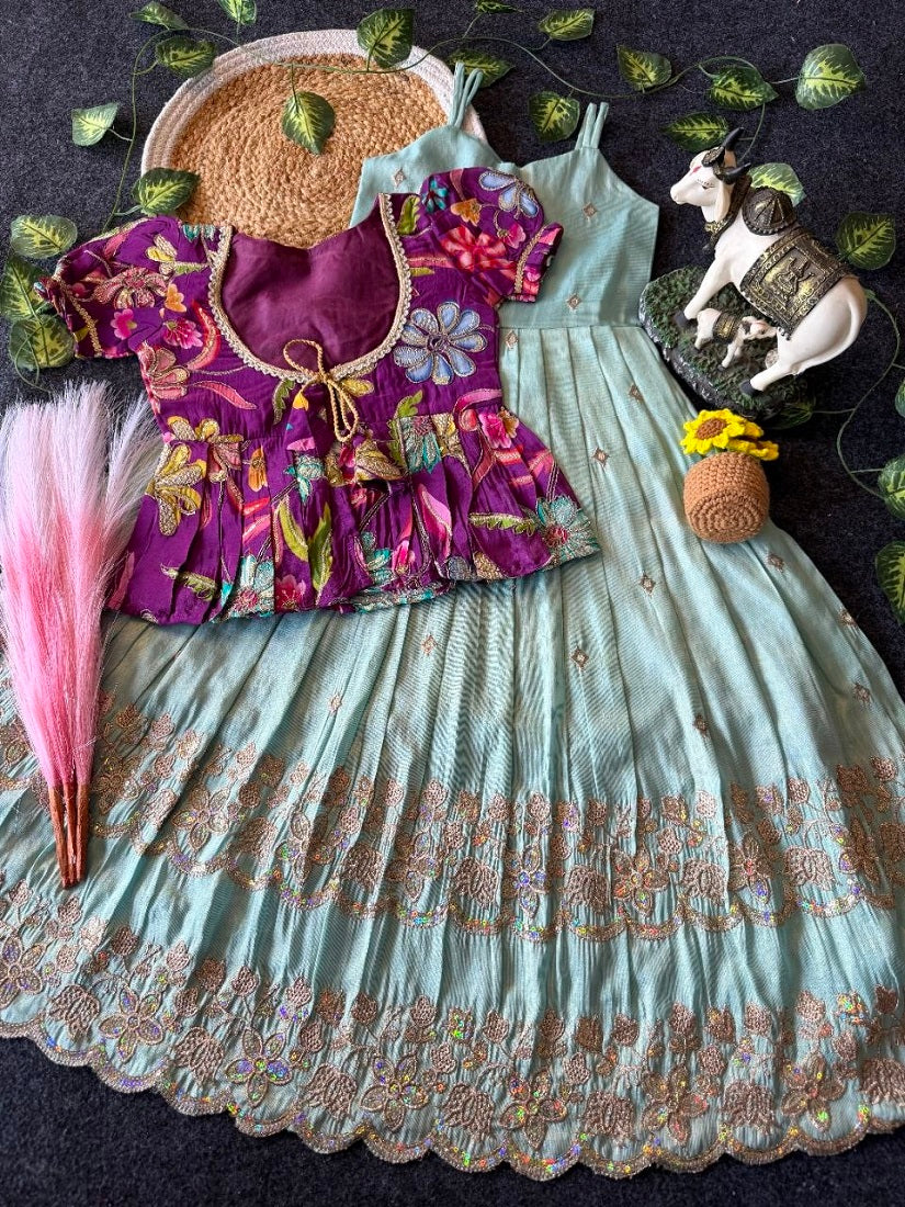 Evanik Designer Blue Tissue Silk Embroidered Work Gown With koti for Kids