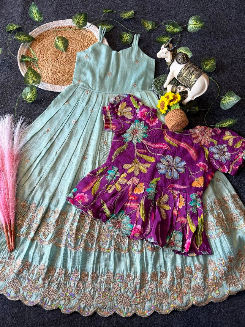 Evanik Designer Blue Tissue Silk Embroidered Work Gown With koti for Kids