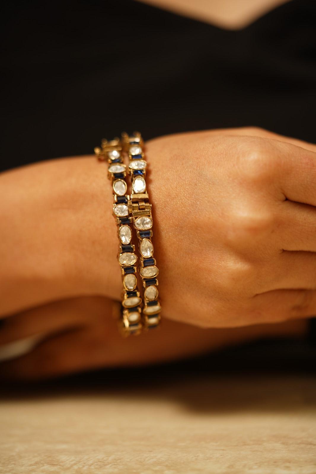 Slim Coloured Moissanite Polki Bangle Set | Antique Gold- Blue