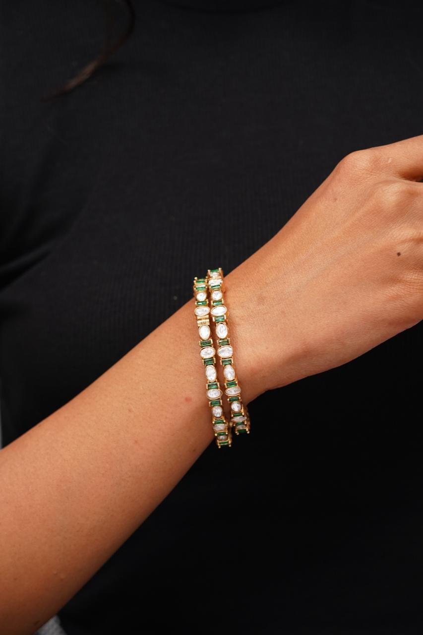 Slim Coloured Moissanite Polki Bangle Set | Antique Gold