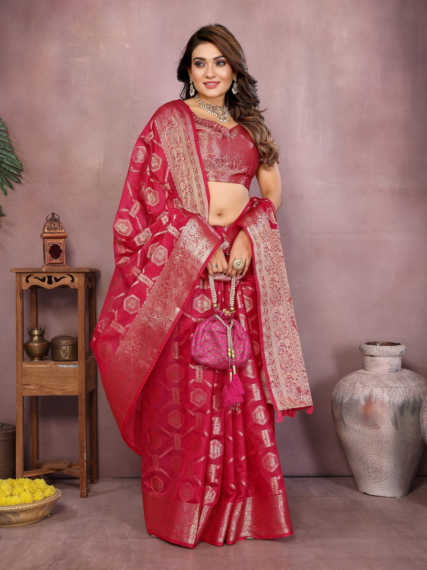 Aastha Fashion Magenta Soft Organza Silk Weaving Saree