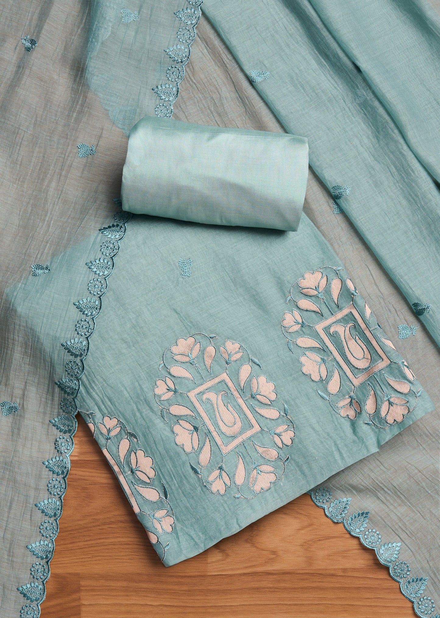 Soft Blue Chanderi Embroidered Unstitched Suit Set