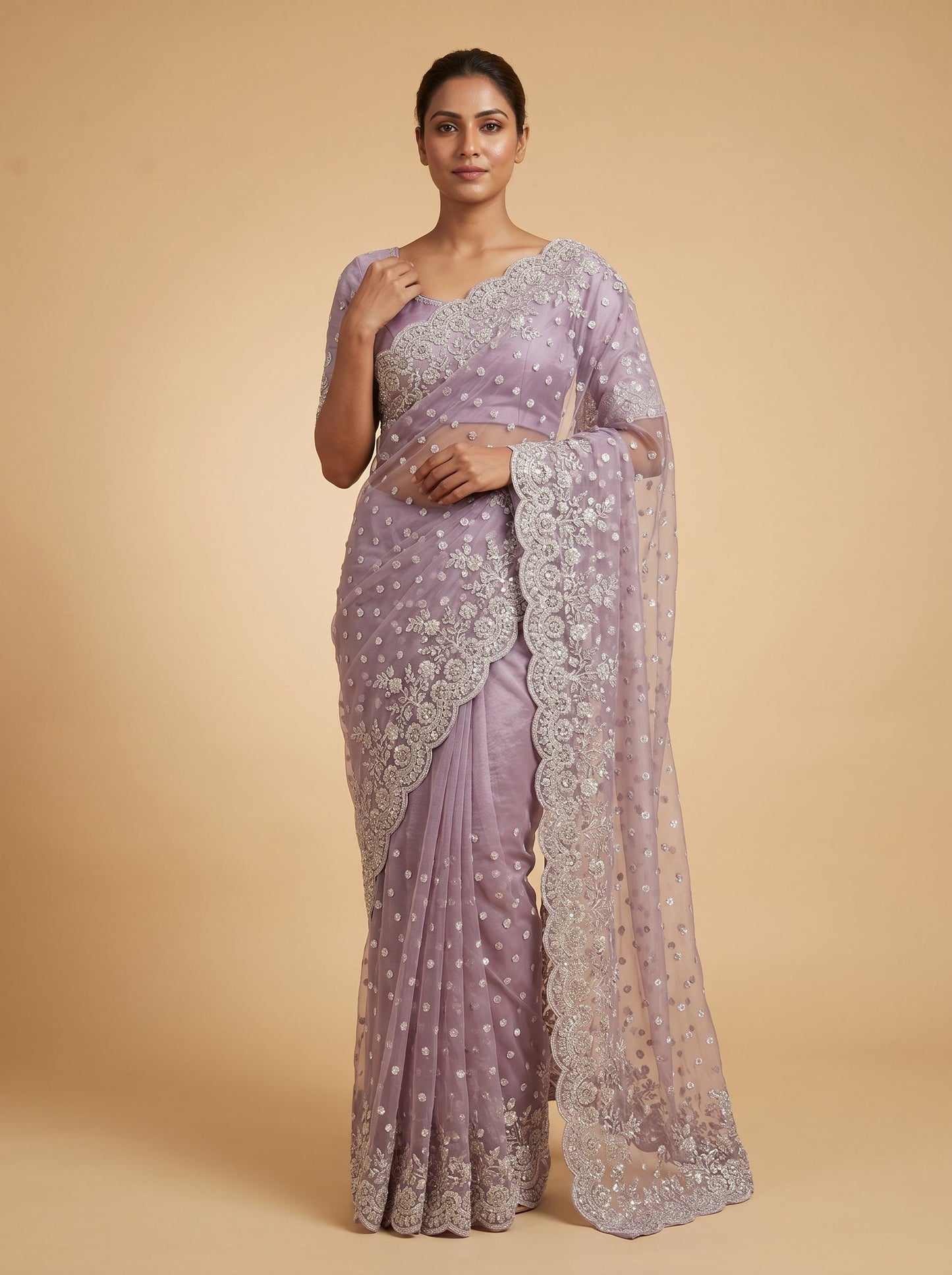 Soft Lavender Powder Veil Embroidered Saree