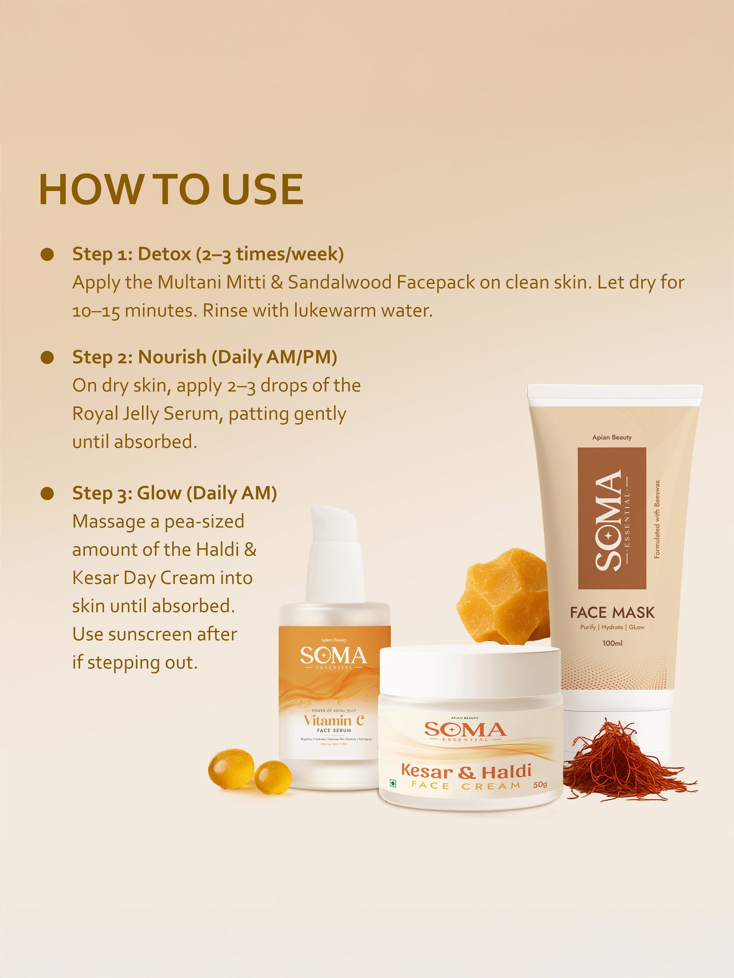 Soma Essential D-Tan Mask + Royal Jelly Vitamin C Serum + Day cream For Weekly Glow
