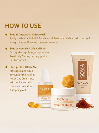 Soma Essential D-Tan Mask + Royal Jelly Vitamin C Serum + Day cream For Weekly Glow