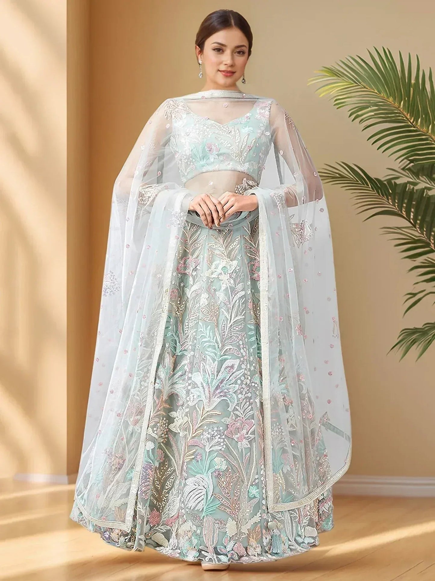Tulsi Art Spectacular Pista Green Sequins Net Wedding Wear Lehenga Choli