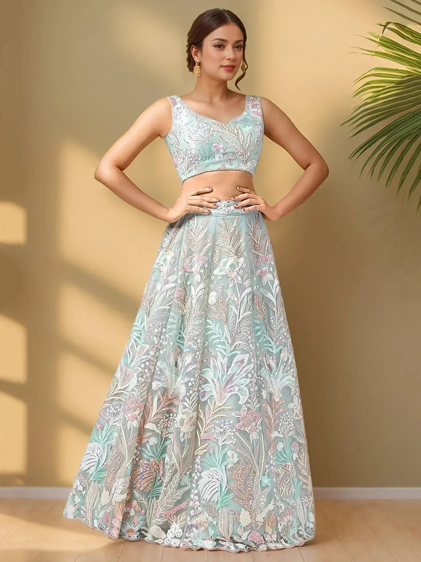 Tulsi Art Spectacular Pista Green Sequins Net Wedding Wear Lehenga Choli