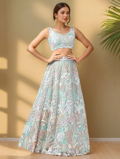 Tulsi Art Spectacular Pista Green Sequins Net Wedding Wear Lehenga Choli