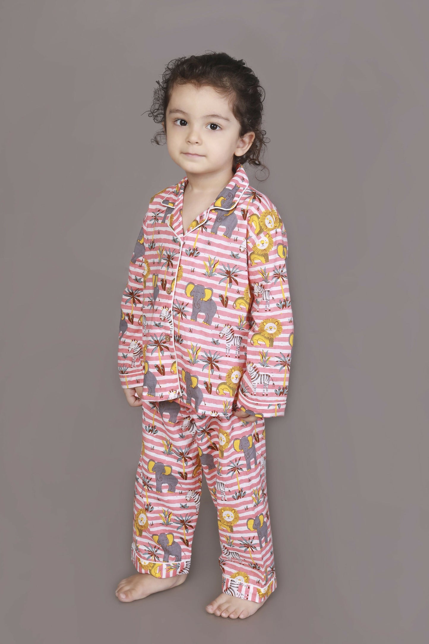 Breathables Kids Cotton Night Suit  Red & White Jungle Stripe Shirt & Pyjama Co-Ord Set For Boys & Girls