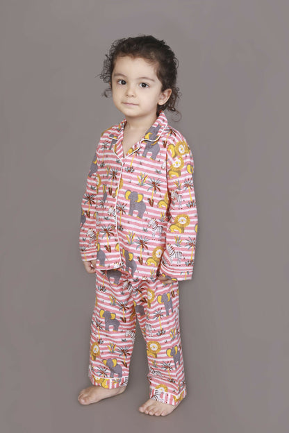 Breathables Kids Cotton Night Suit  Red & White Jungle Stripe Shirt & Pyjama Co-Ord Set For Boys & Girls