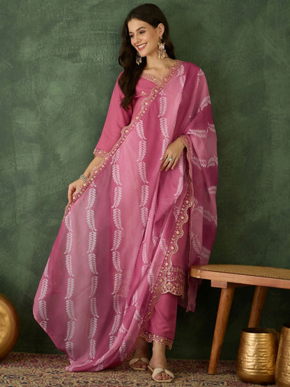 The52 Women's Beautiful Rayon Fabric Embroidery Work Straight Kurta Pant and Dupatta Set-Pink