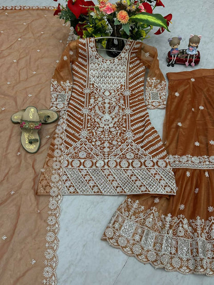 Teeya Creation Womens New Trendy Heavy Embroidery Sequence Work Orange Kurta Set