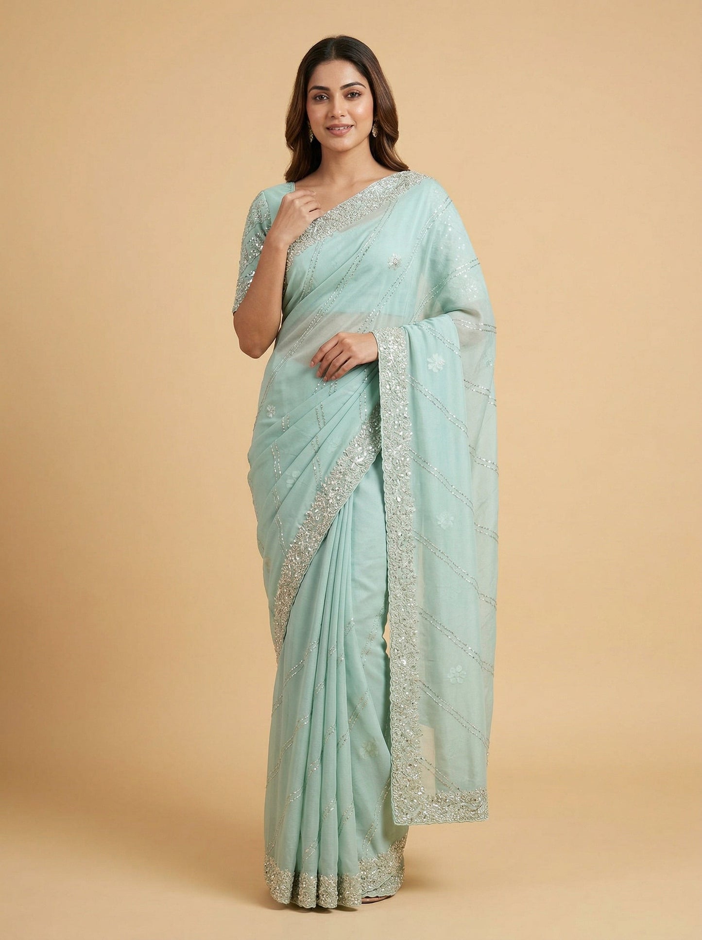 Steel Blue Embroidered Saree