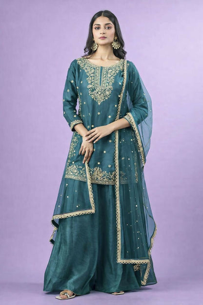 Teeya Creation New Trendy Womens Wedding Wear Kurta Palazzo Set - Teal