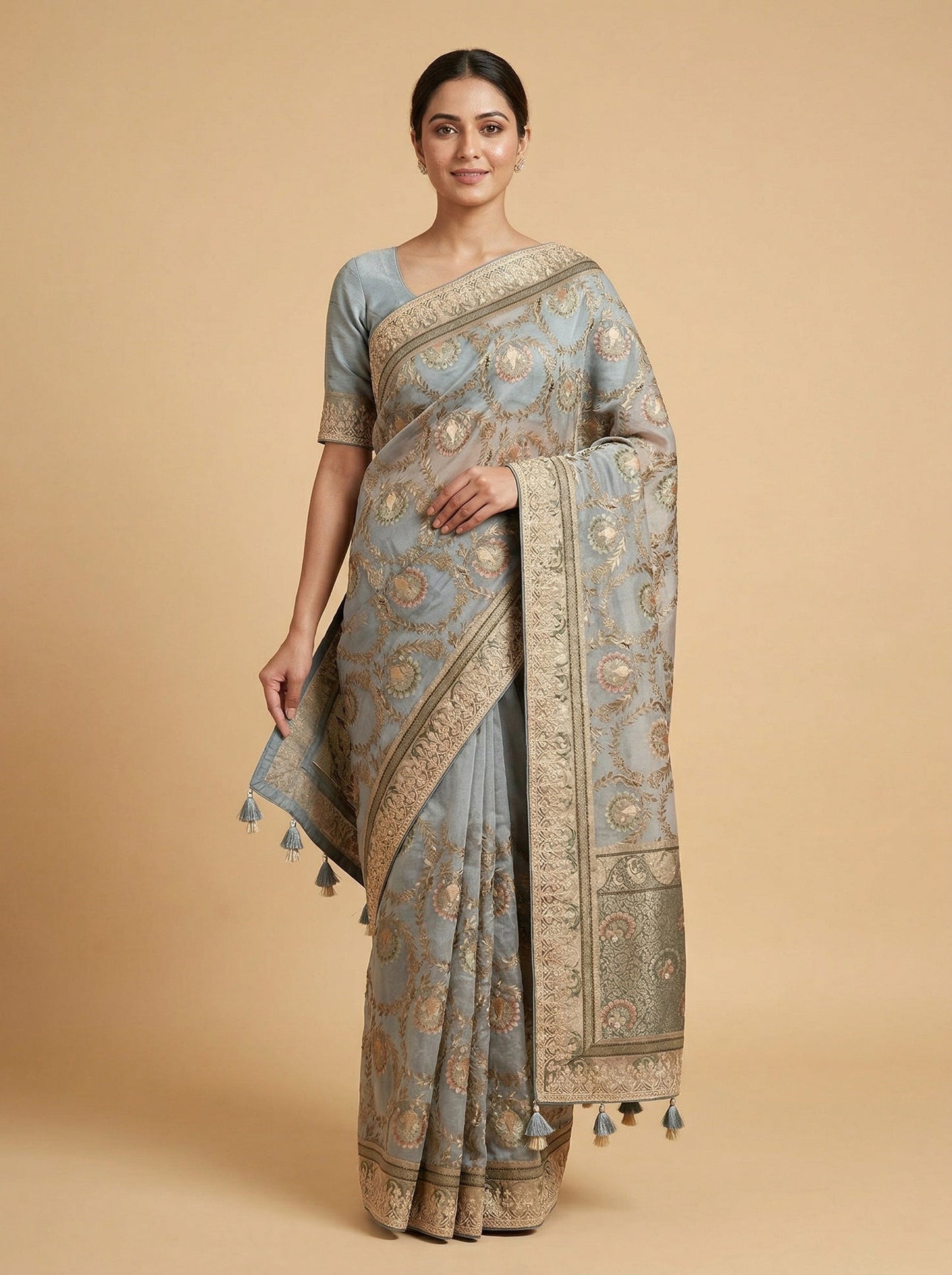 Stone Grey Embroidered Saree