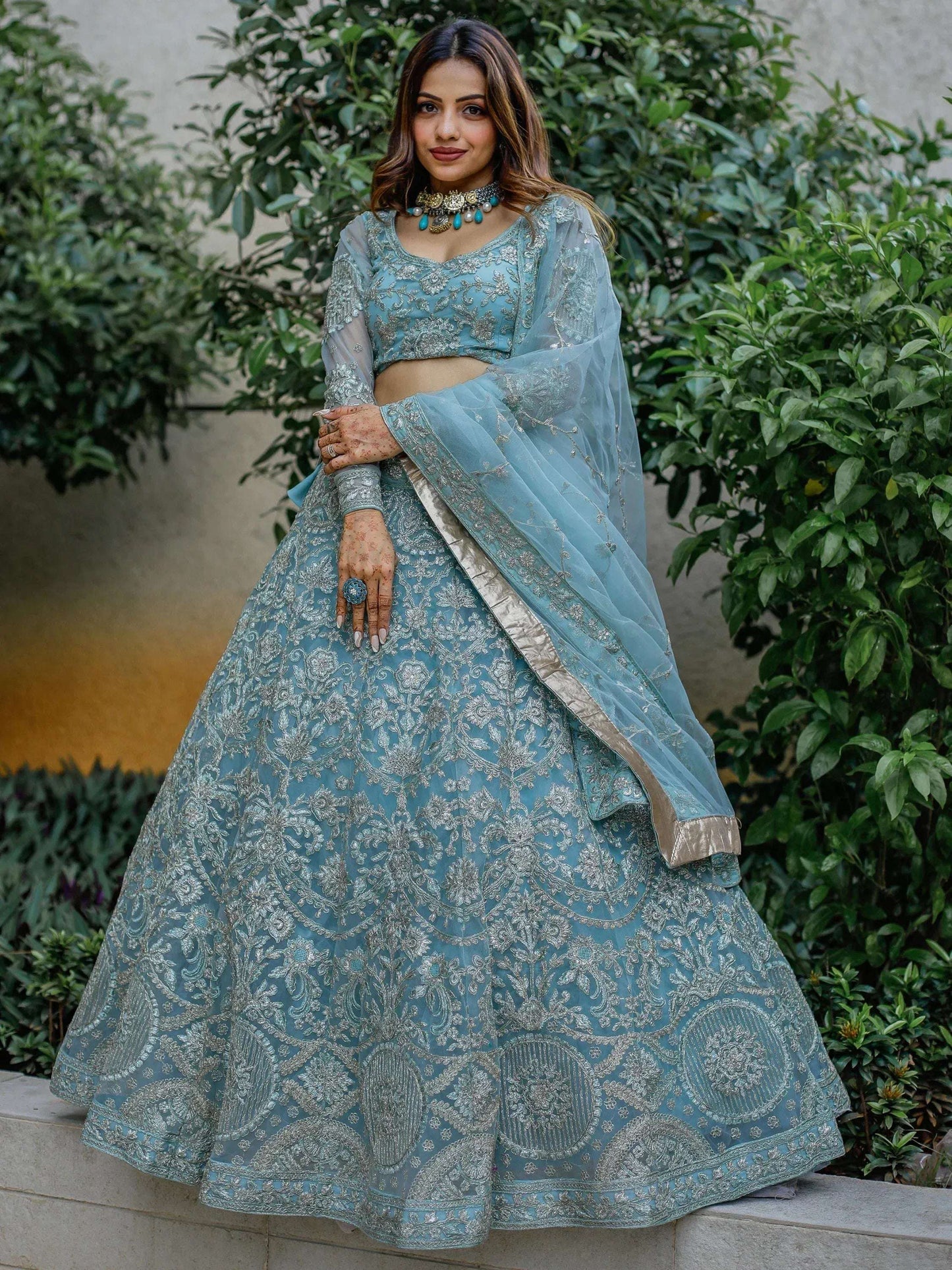 Tulsi Art Stunning Aqua Blue Embroidered Soft Net Occasion Wear Lehenga Choli