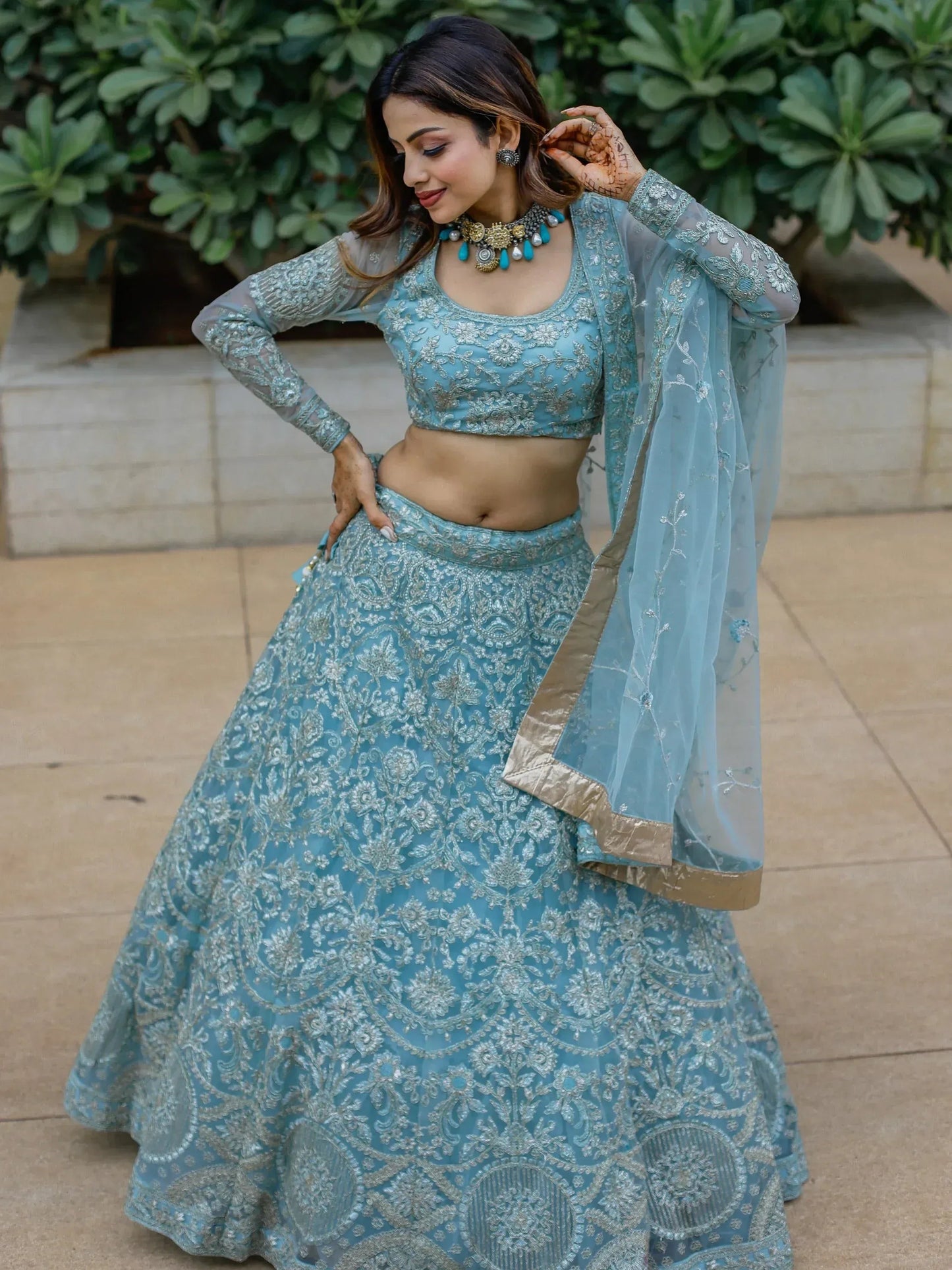 Tulsi Art Stunning Aqua Blue Embroidered Soft Net Occasion Wear Lehenga Choli