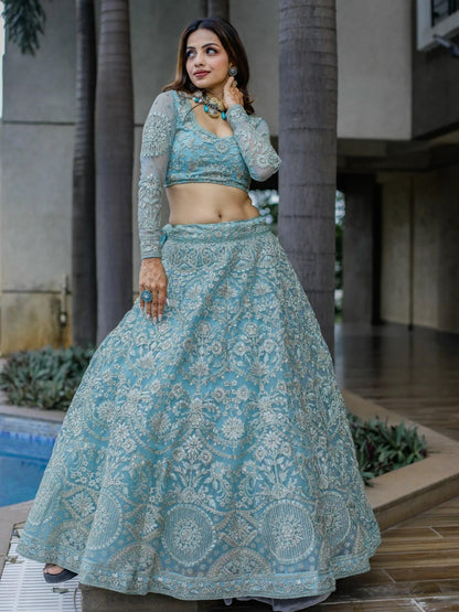 Tulsi Art Stunning Aqua Blue Embroidered Soft Net Occasion Wear Lehenga Choli