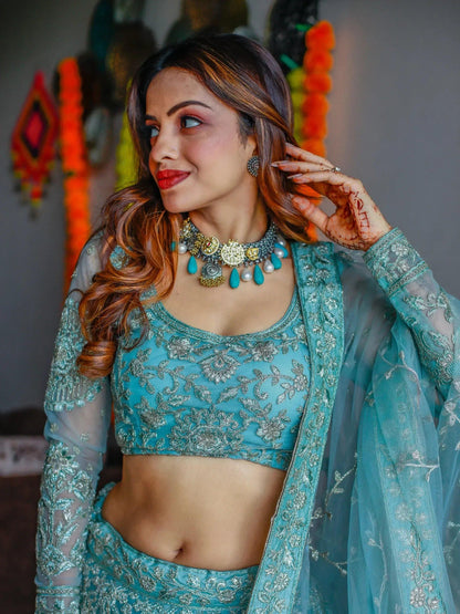 Tulsi Art Stunning Aqua Blue Embroidered Soft Net Occasion Wear Lehenga Choli