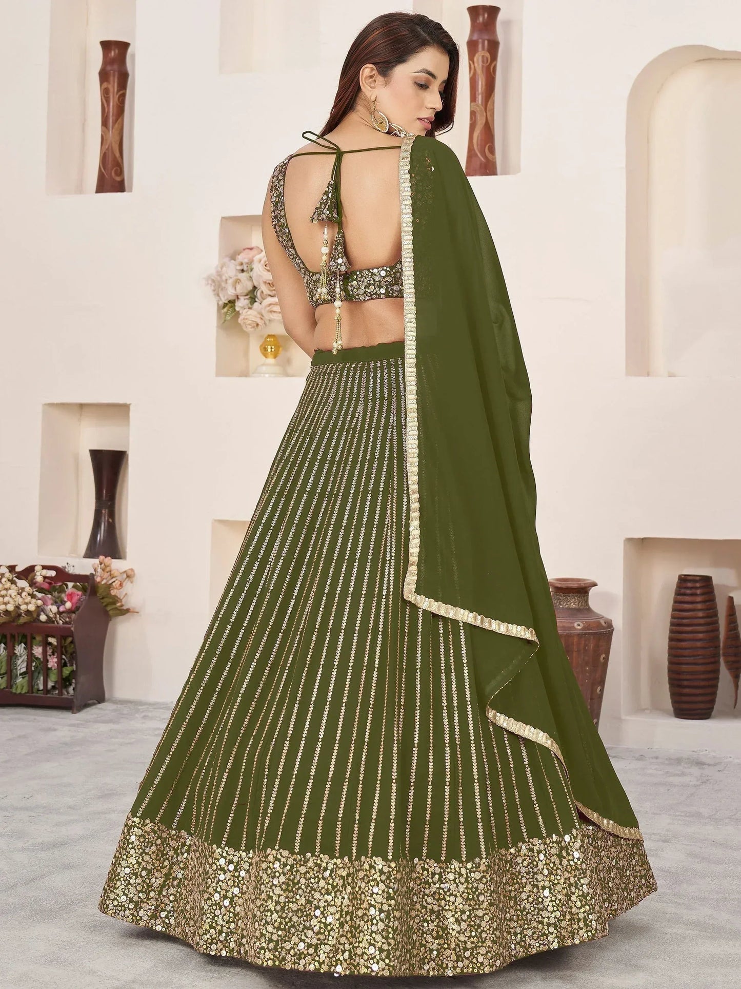 Tulsi Art Stunningâ Olive Color Sequins Georgette Function Wear Lehenga Choli
