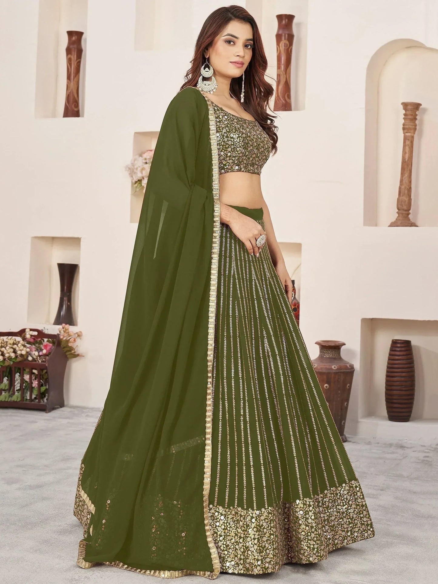 Tulsi Art Stunningâ Olive Color Sequins Georgette Function Wear Lehenga Choli