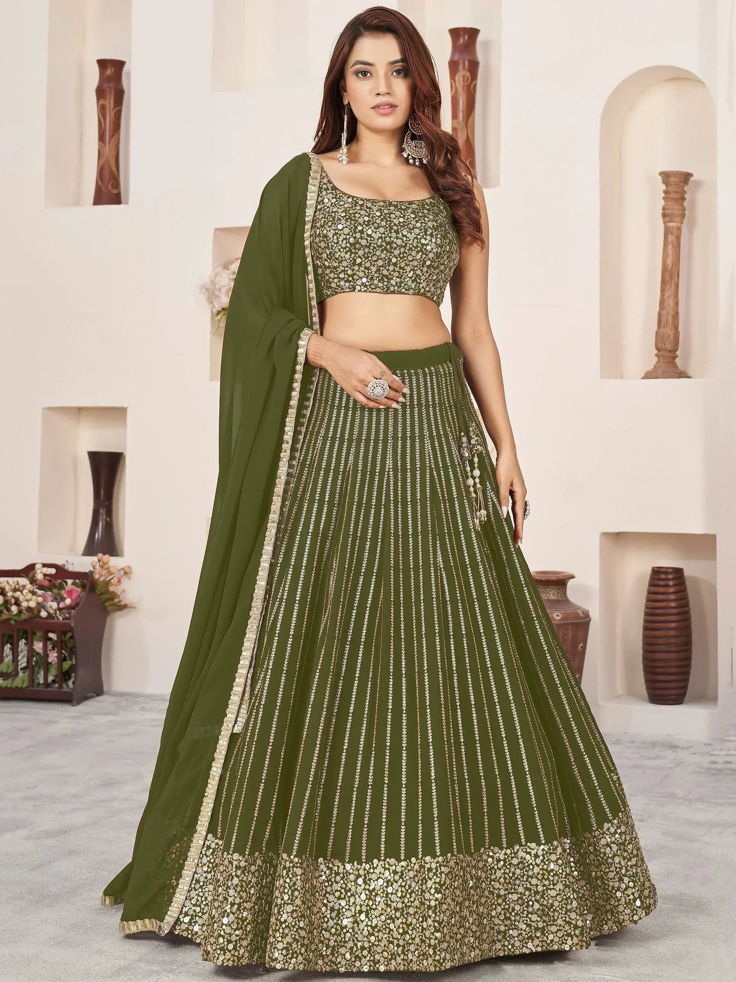 Tulsi Art Stunningâ Olive Color Sequins Georgette Function Wear Lehenga Choli