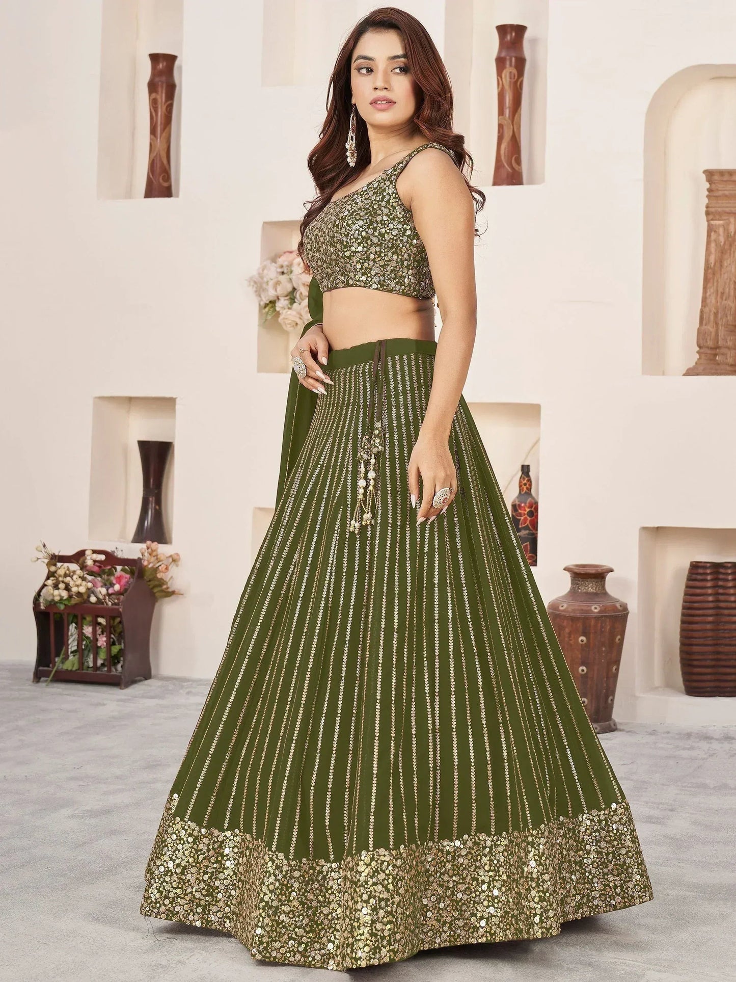 Tulsi Art Stunningâ Olive Color Sequins Georgette Function Wear Lehenga Choli