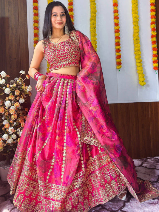 Tulsi Art Stunning Pink Floral Printed Organza Bridesmaid Lehenga Choli