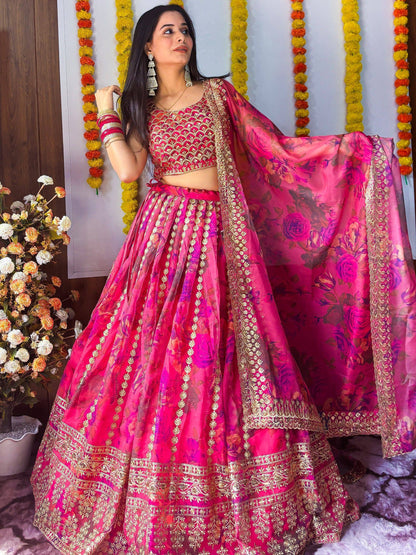 Tulsi Art Stunning Pink Floral Printed Organza Bridesmaid Lehenga Choli