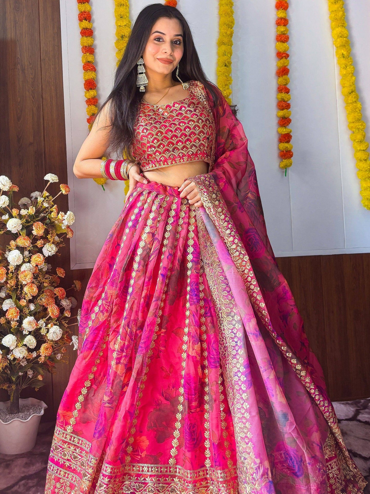 Tulsi Art Stunning Pink Floral Printed Organza Bridesmaid Lehenga Choli