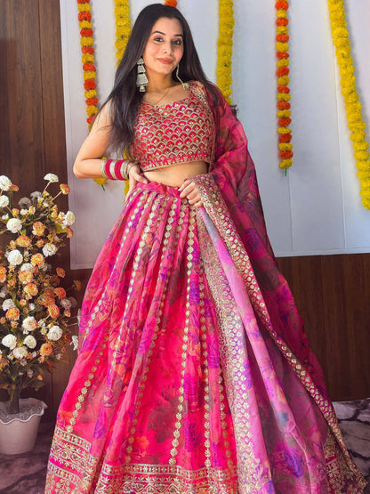 Tulsi Art Stunning Pink Floral Printed Organza Bridesmaid Lehenga Choli