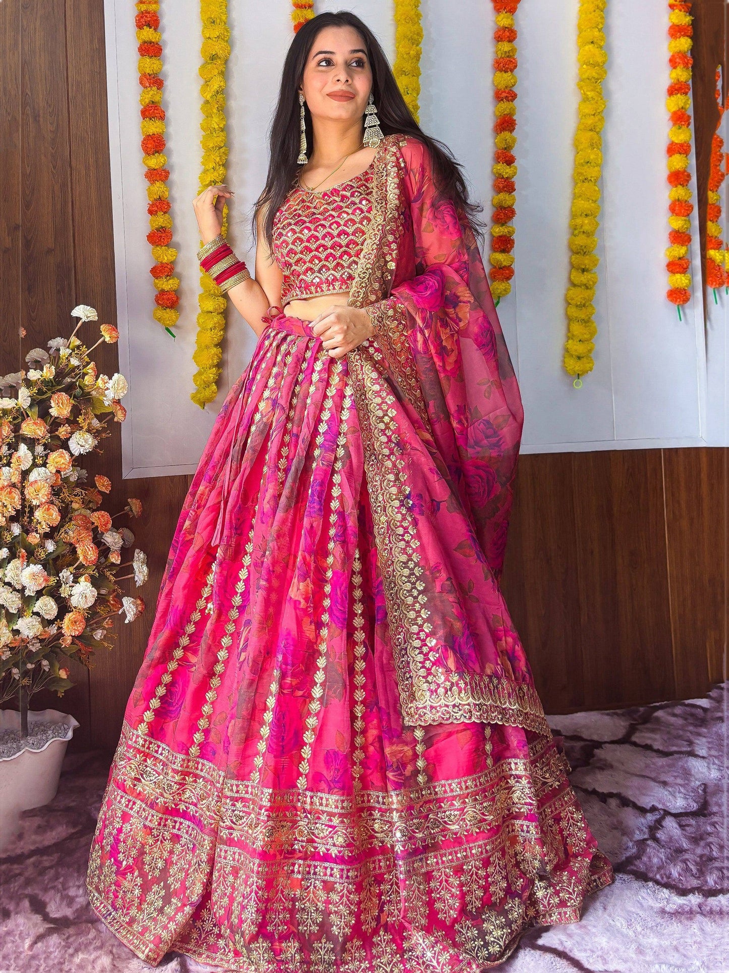 Tulsi Art Stunning Pink Floral Printed Organza Bridesmaid Lehenga Choli