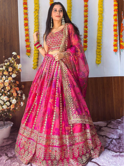 Tulsi Art Stunning Pink Floral Printed Organza Bridesmaid Lehenga Choli