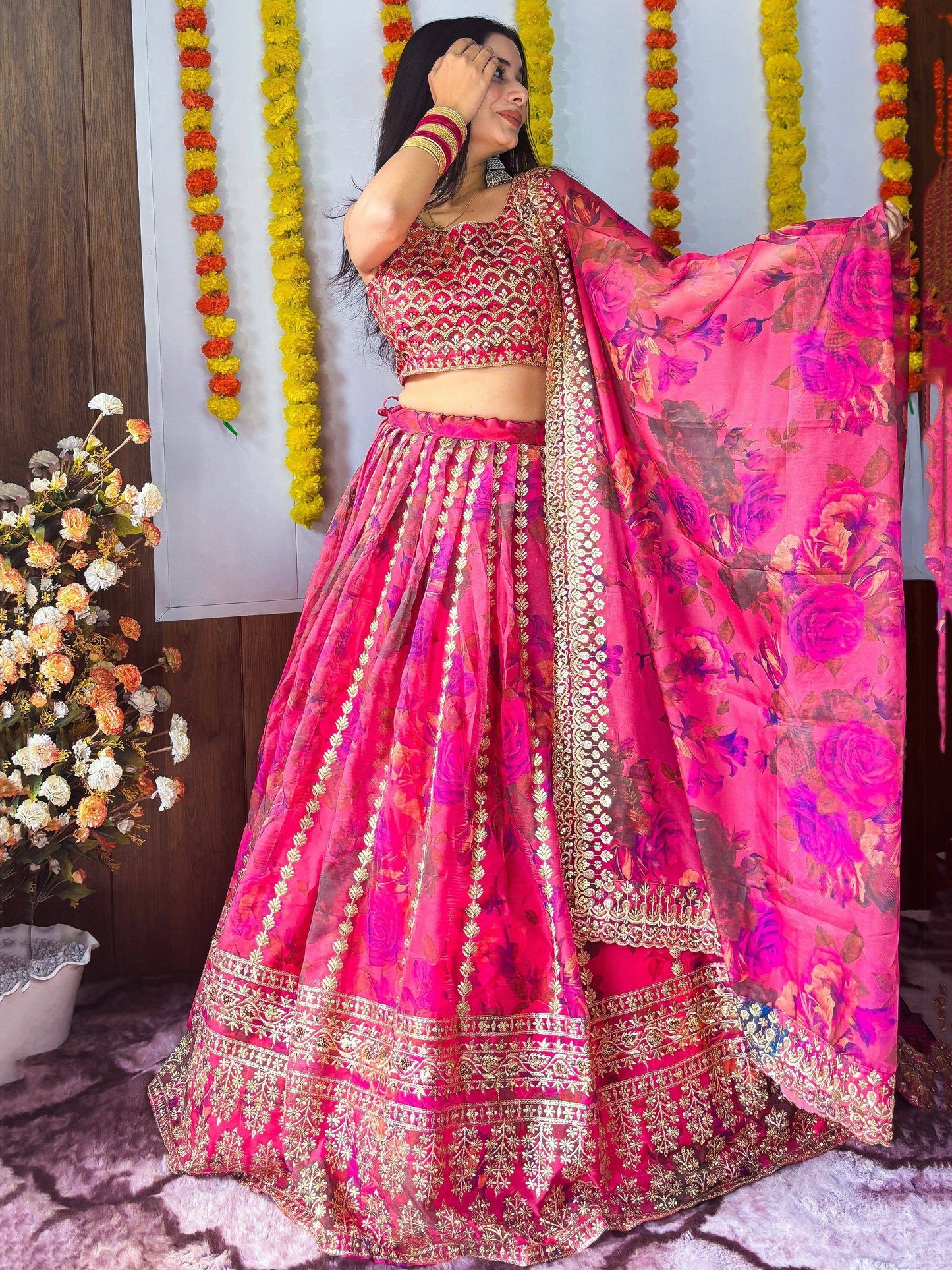 Tulsi Art Stunning Pink Floral Printed Organza Bridesmaid Lehenga Choli